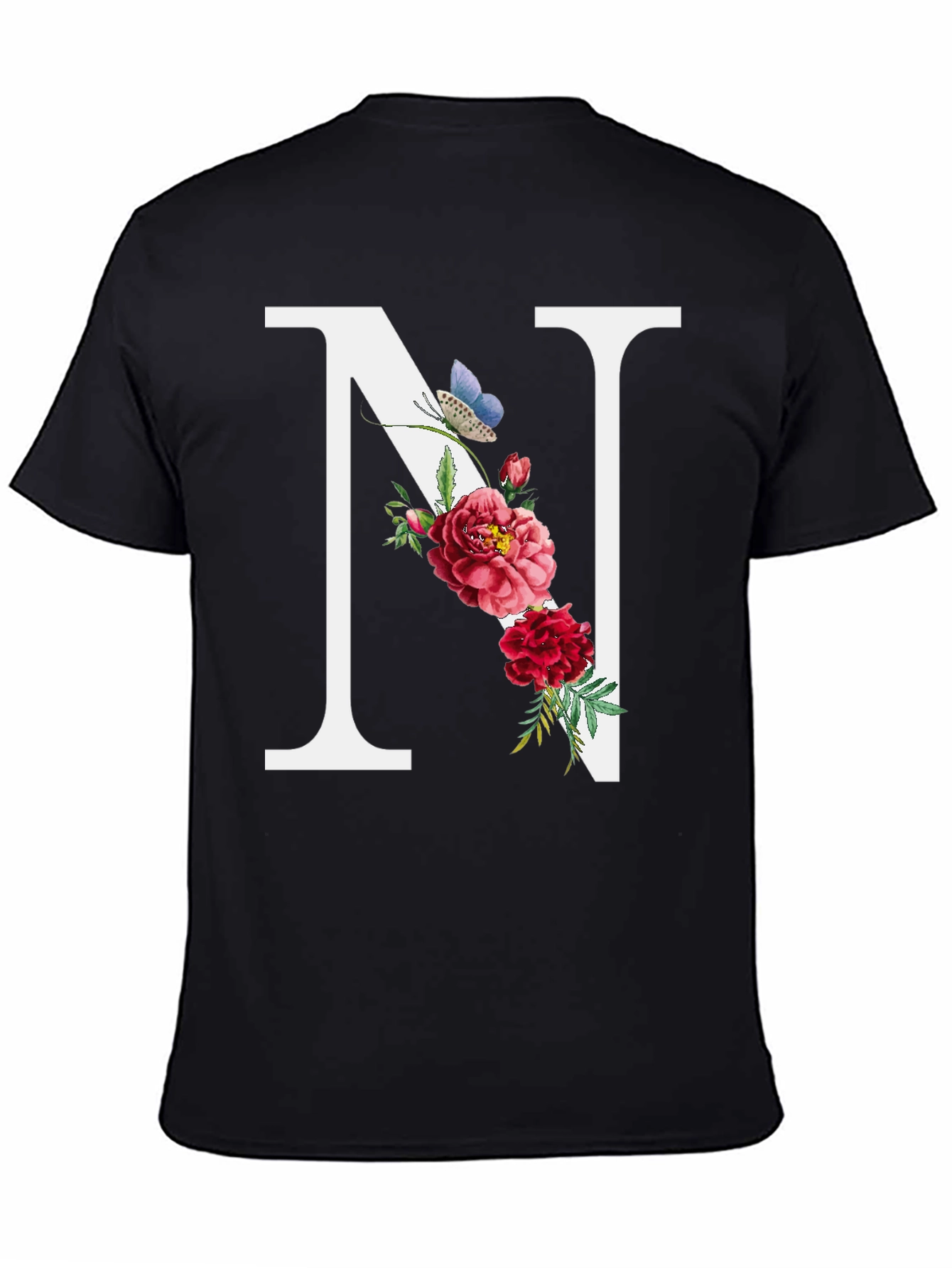 Floral Letter N Black T-Shirt