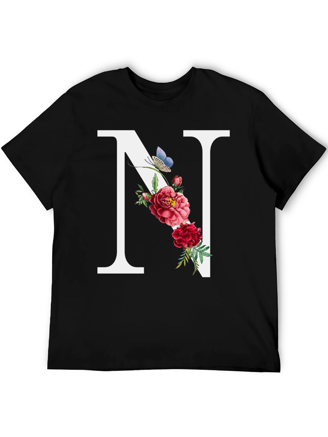 Floral Letter N Black T-Shirt