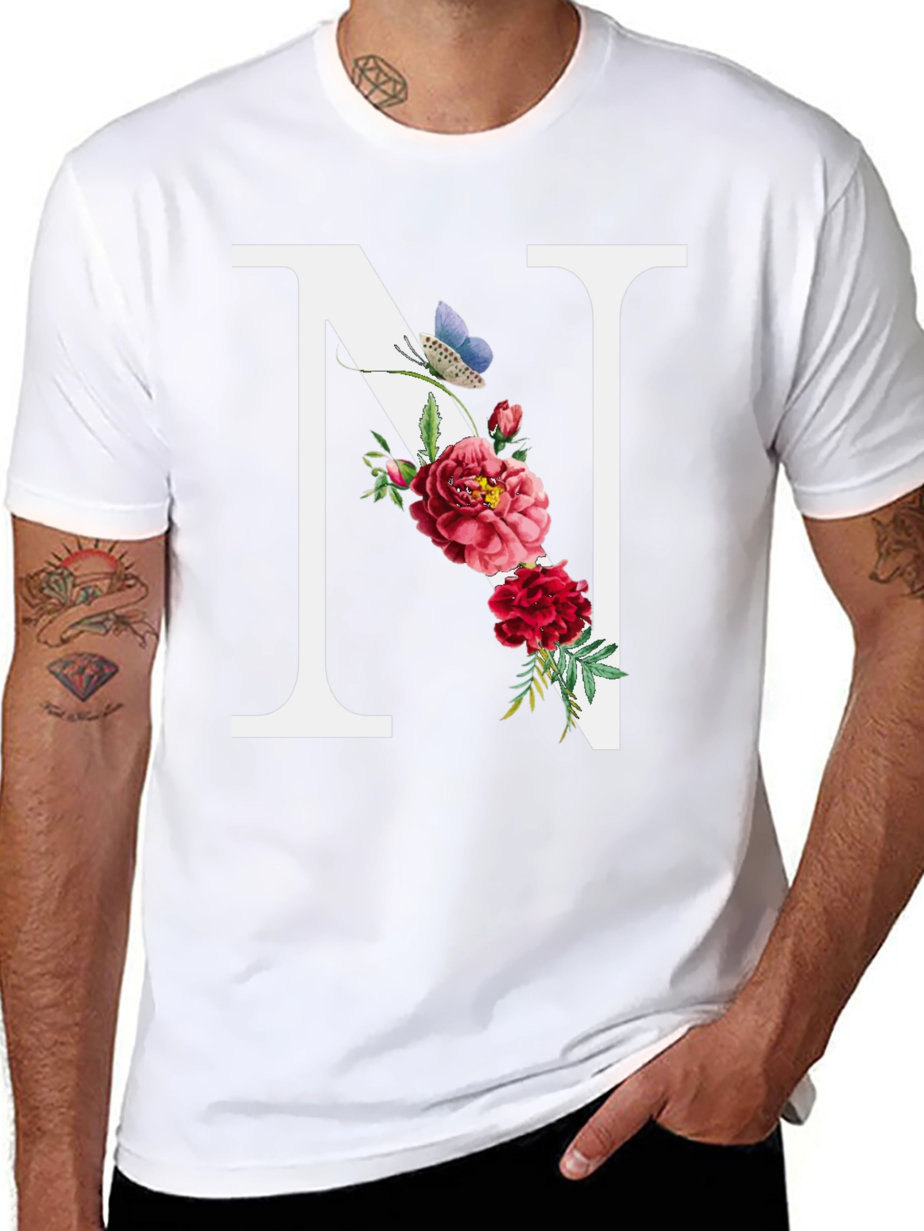 Floral Letter N Black T-Shirt