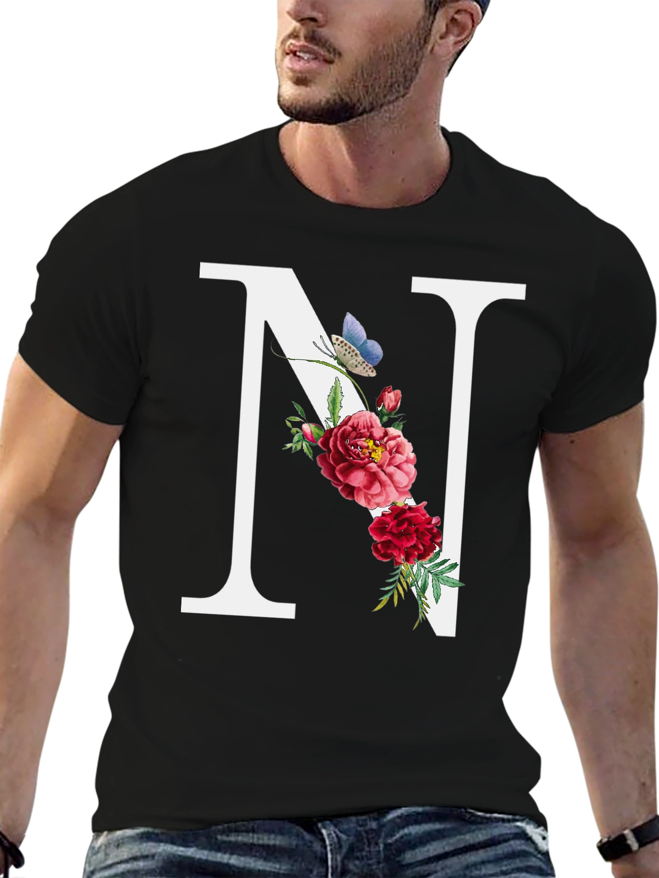 Floral Letter N Black T-Shirt
