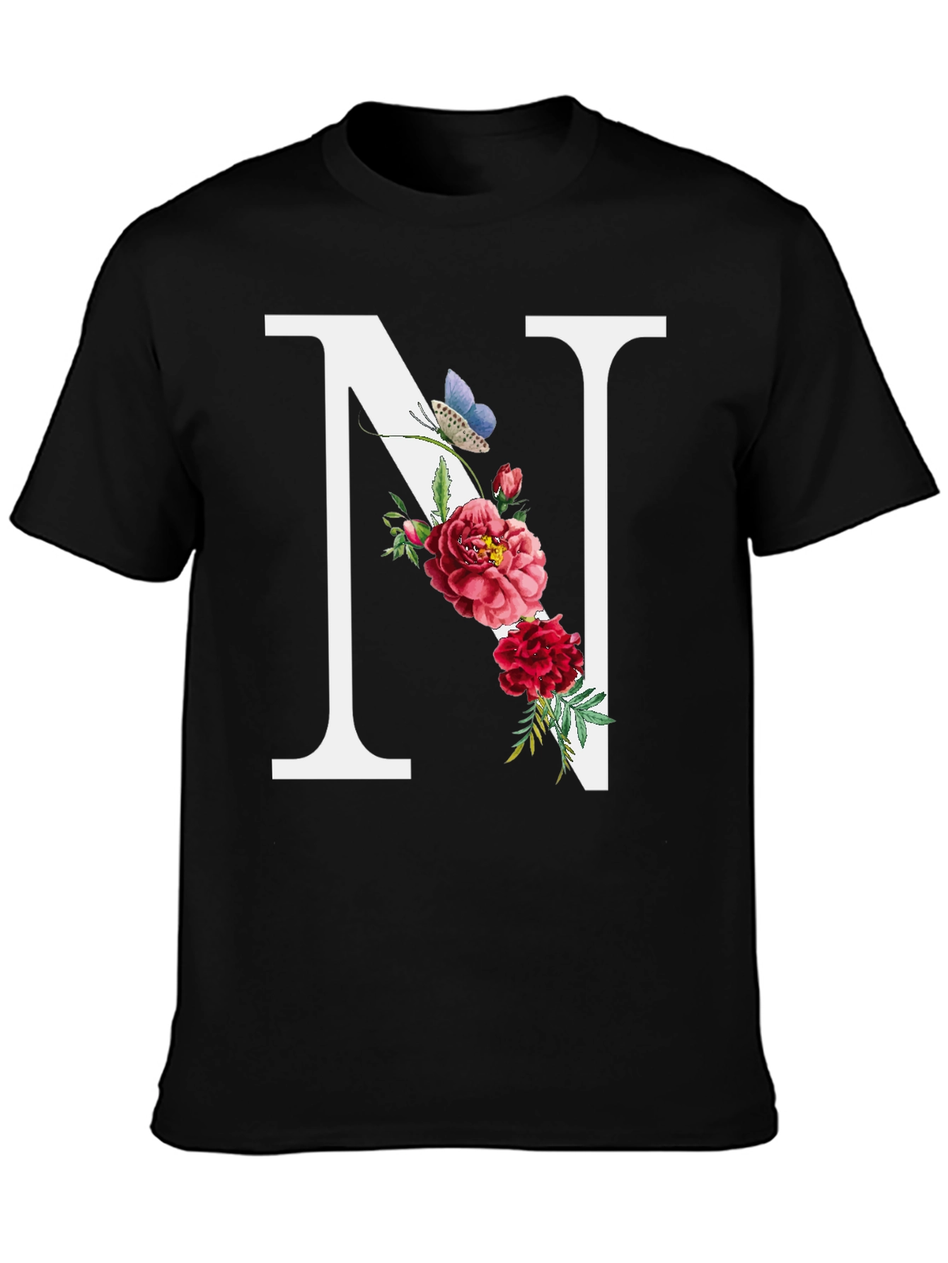 Floral Letter N Black T-Shirt