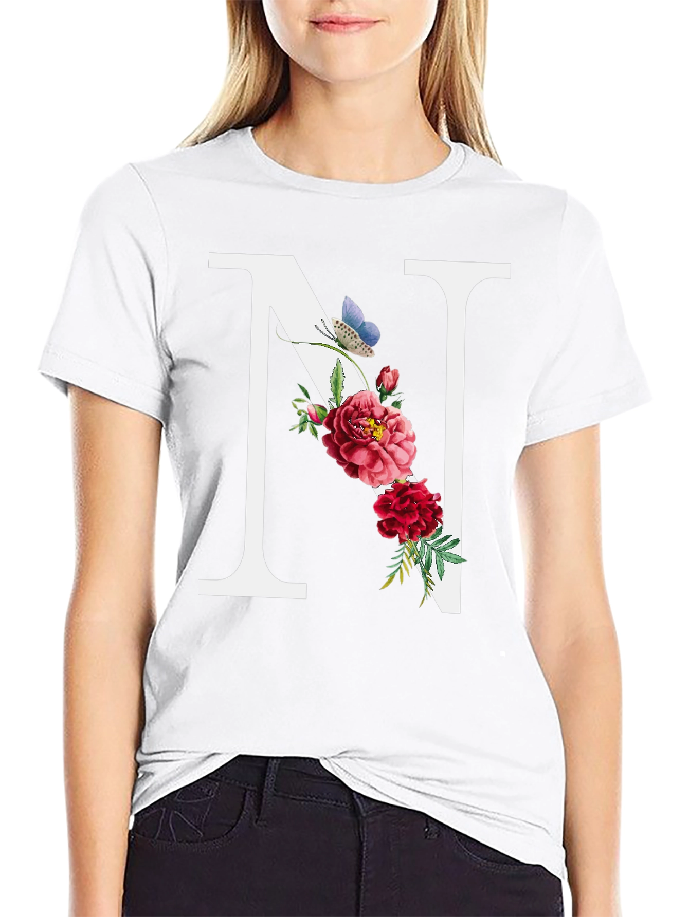 Floral Letter N Black T-Shirt