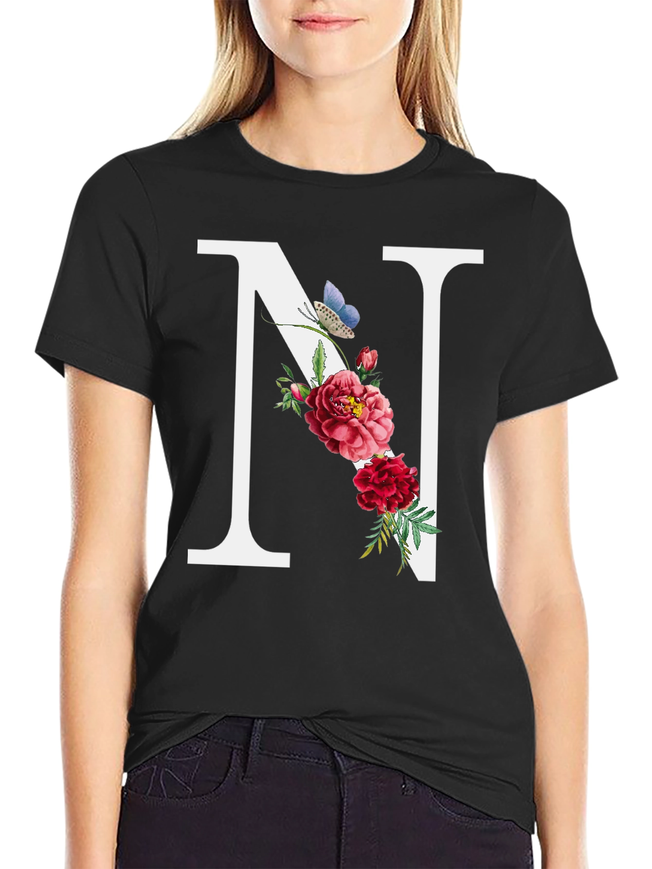 Floral Letter N Black T-Shirt