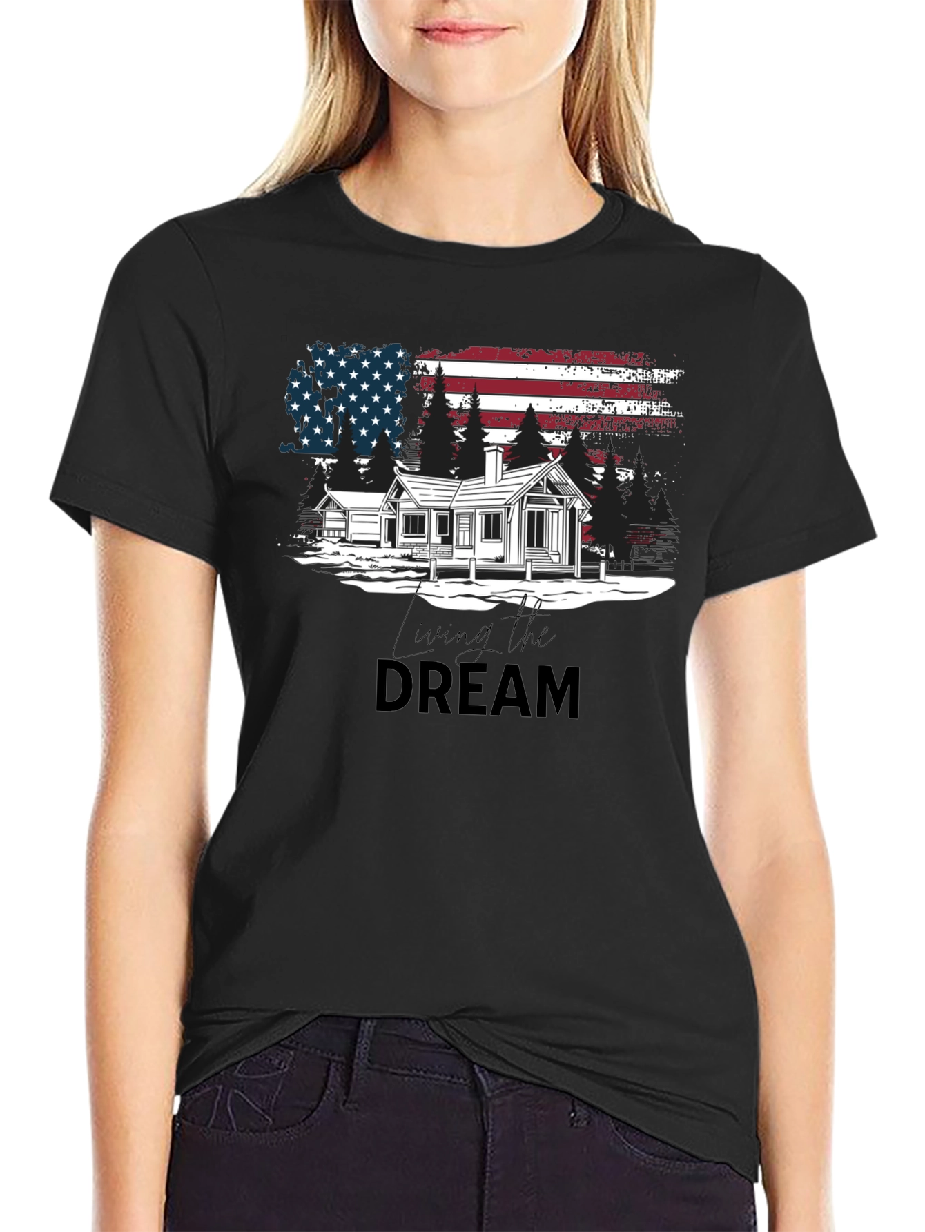 Living the Dream American Flag Cabin T-Shirt