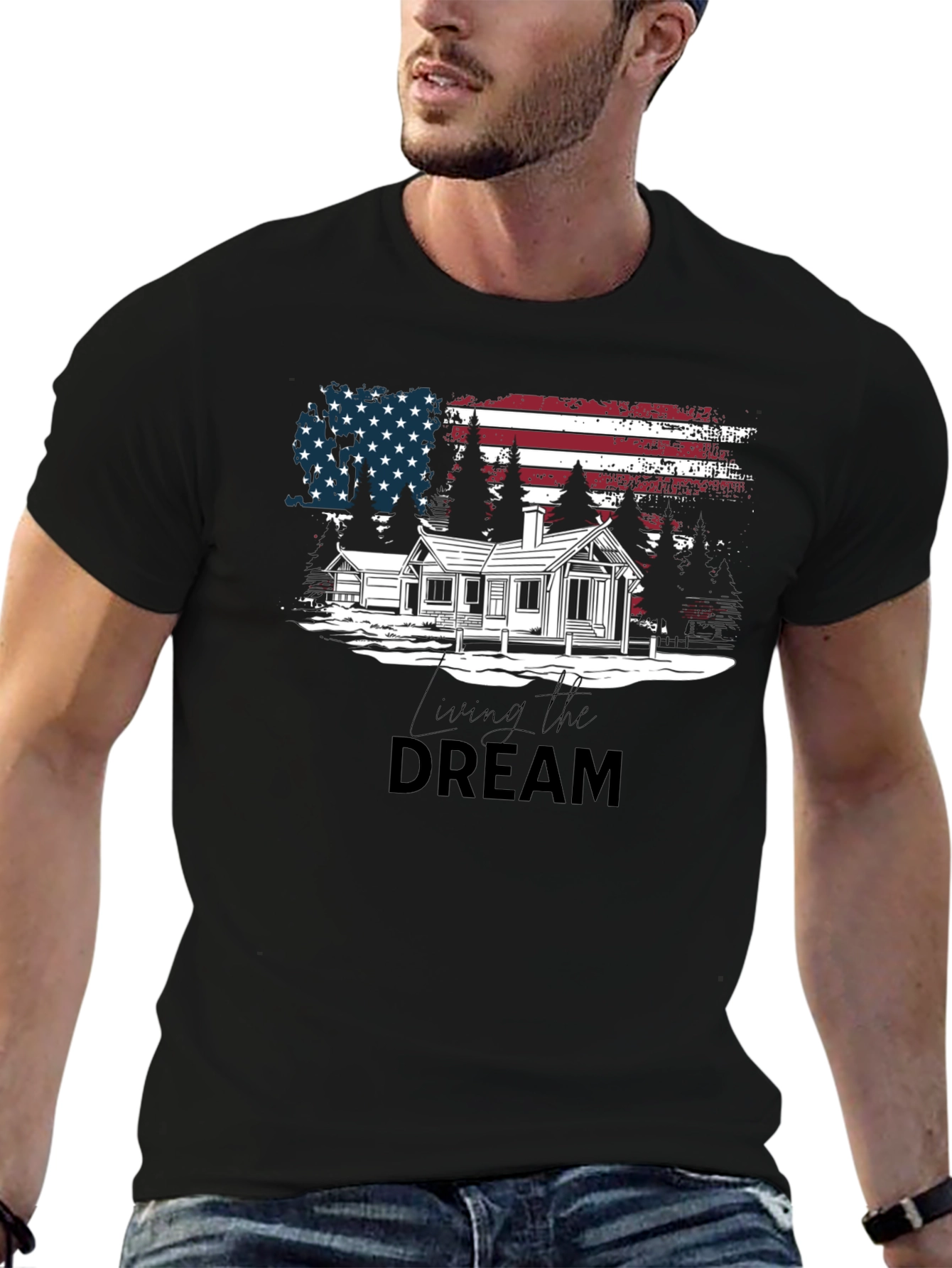 Living the Dream American Flag Cabin T-Shirt