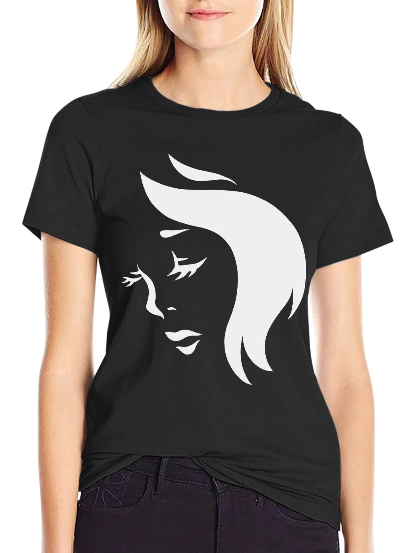 Black T-Shirt with Elegant Woman Face Graphic