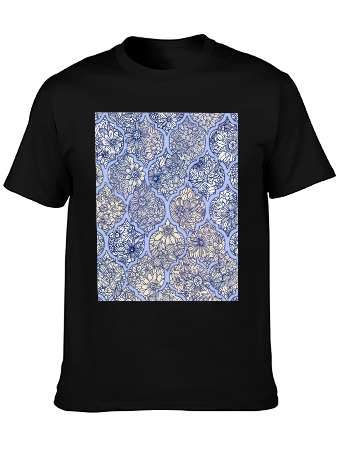 Floral Tile Print Black T-Shirt