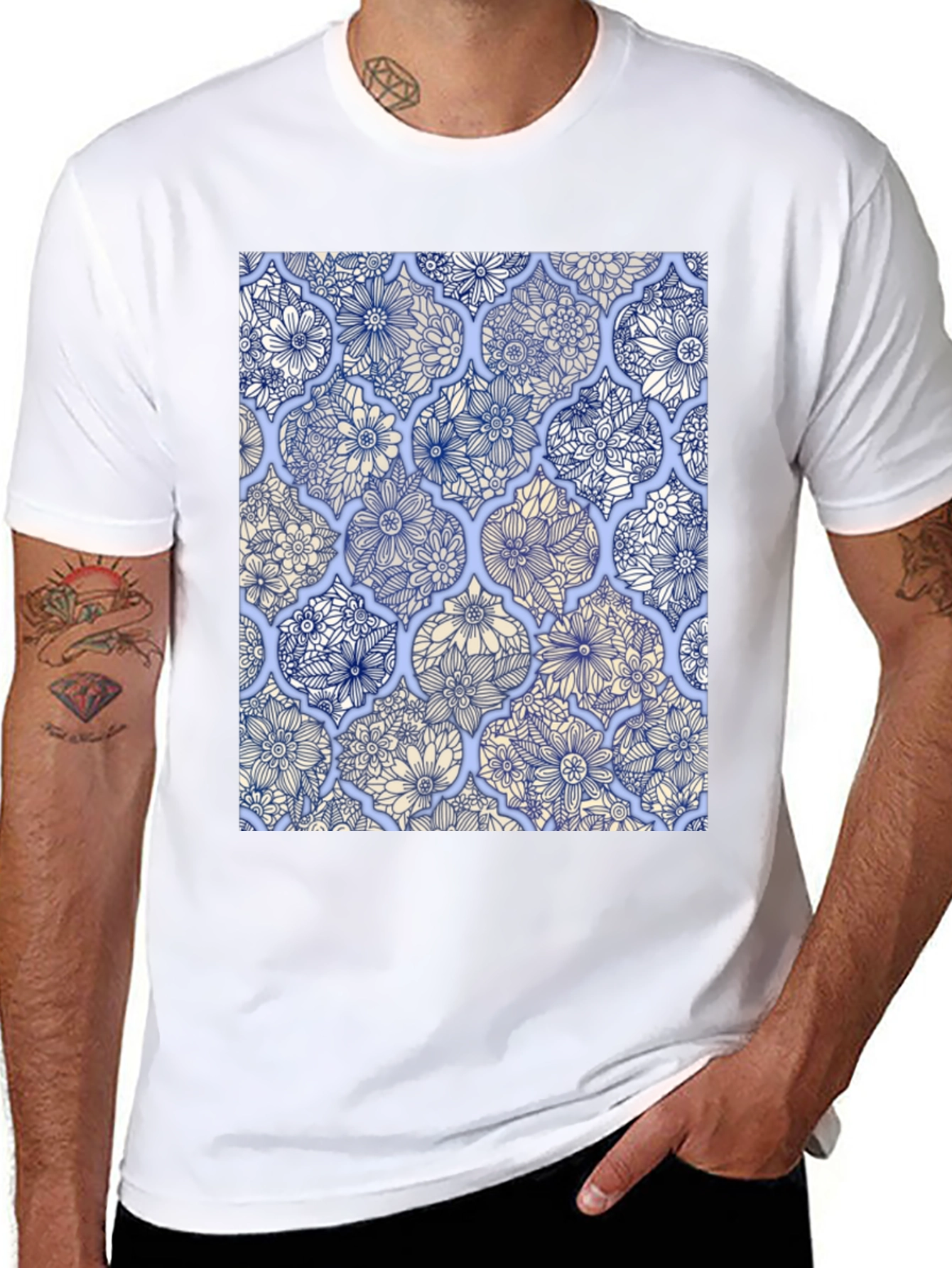 Floral Tile Print Black T-Shirt