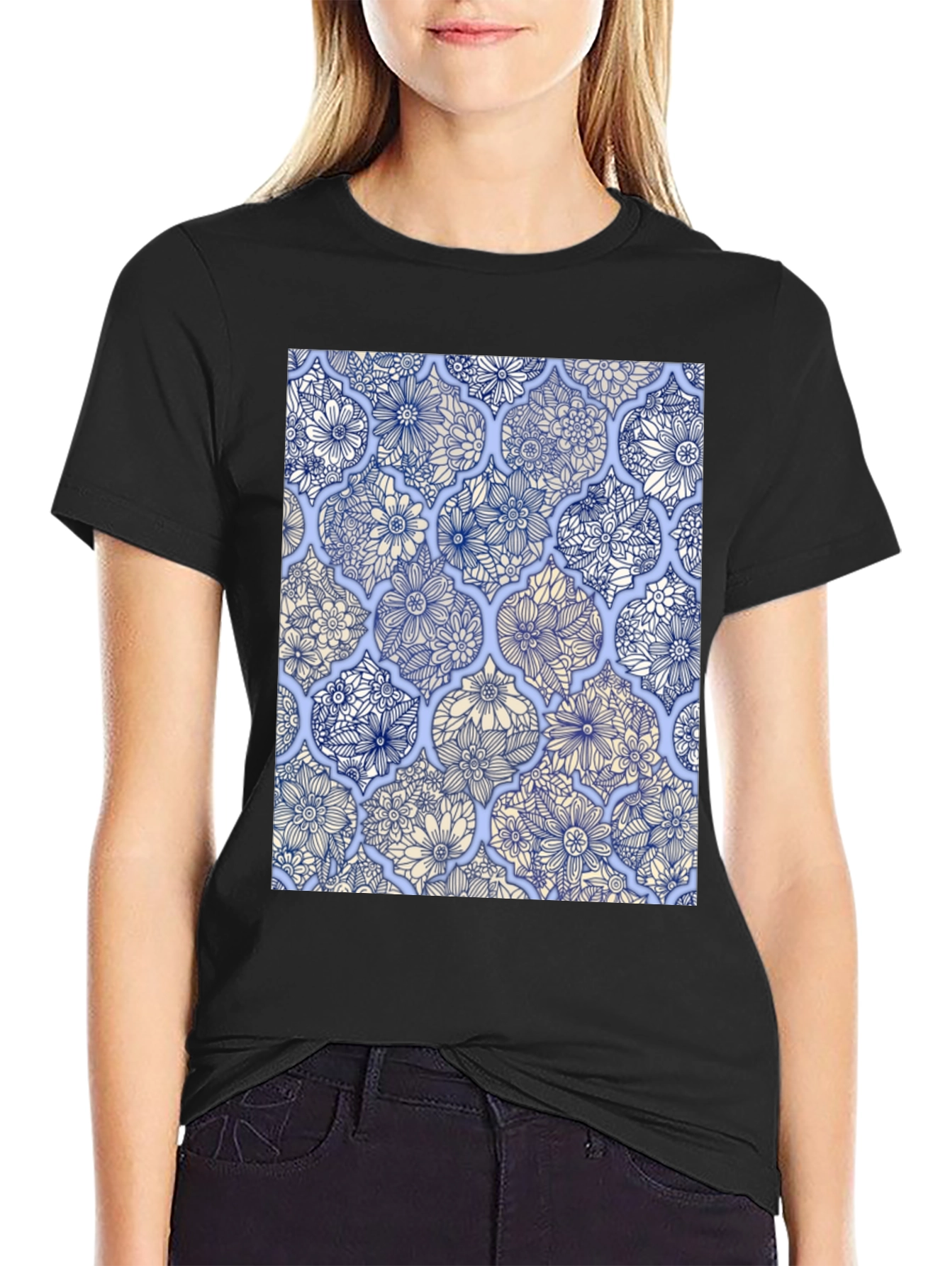 Floral Tile Print Black T-Shirt