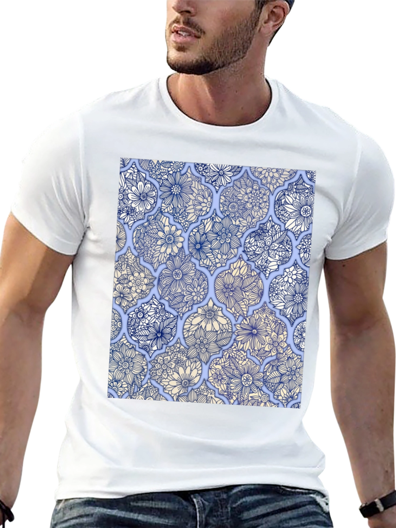 Floral Tile Print Black T-Shirt