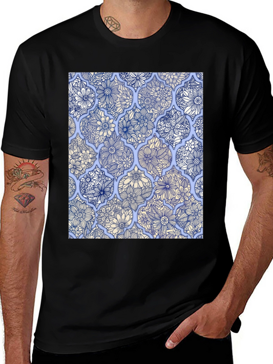 Floral Tile Print Black T-Shirt