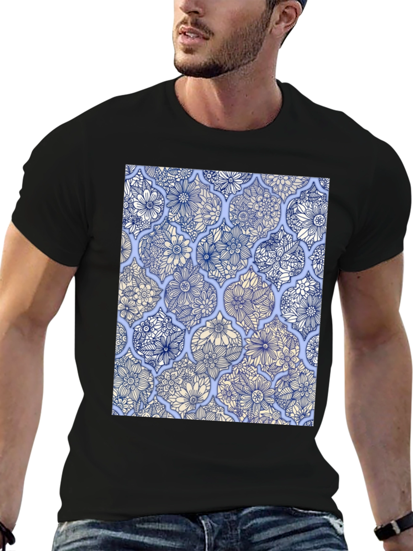 Floral Tile Print Black T-Shirt