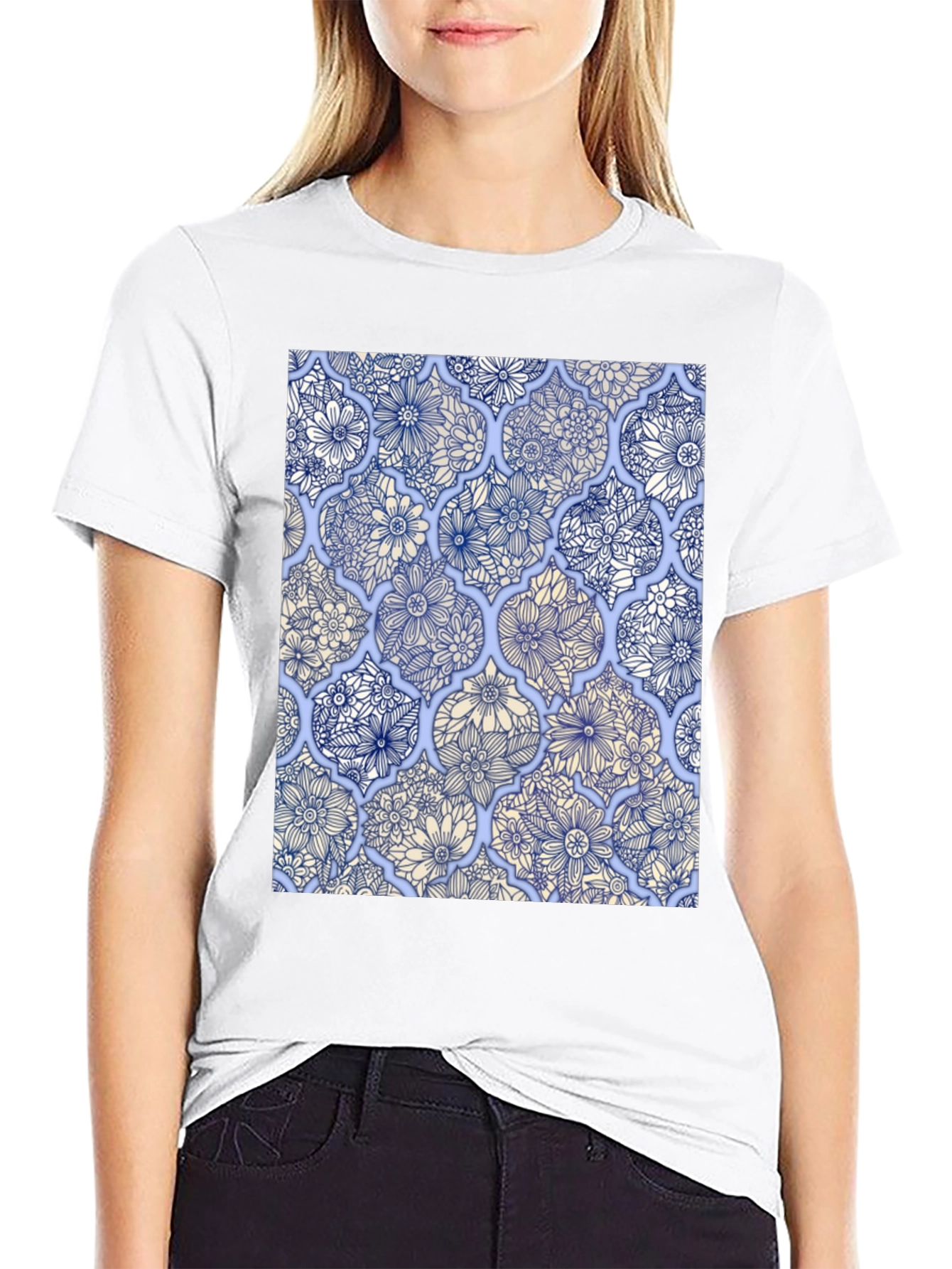 Floral Tile Print Black T-Shirt