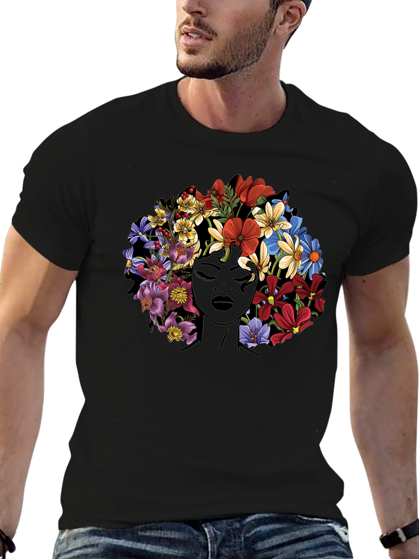 Floral Afro T-Shirt - Black Graphic Tee