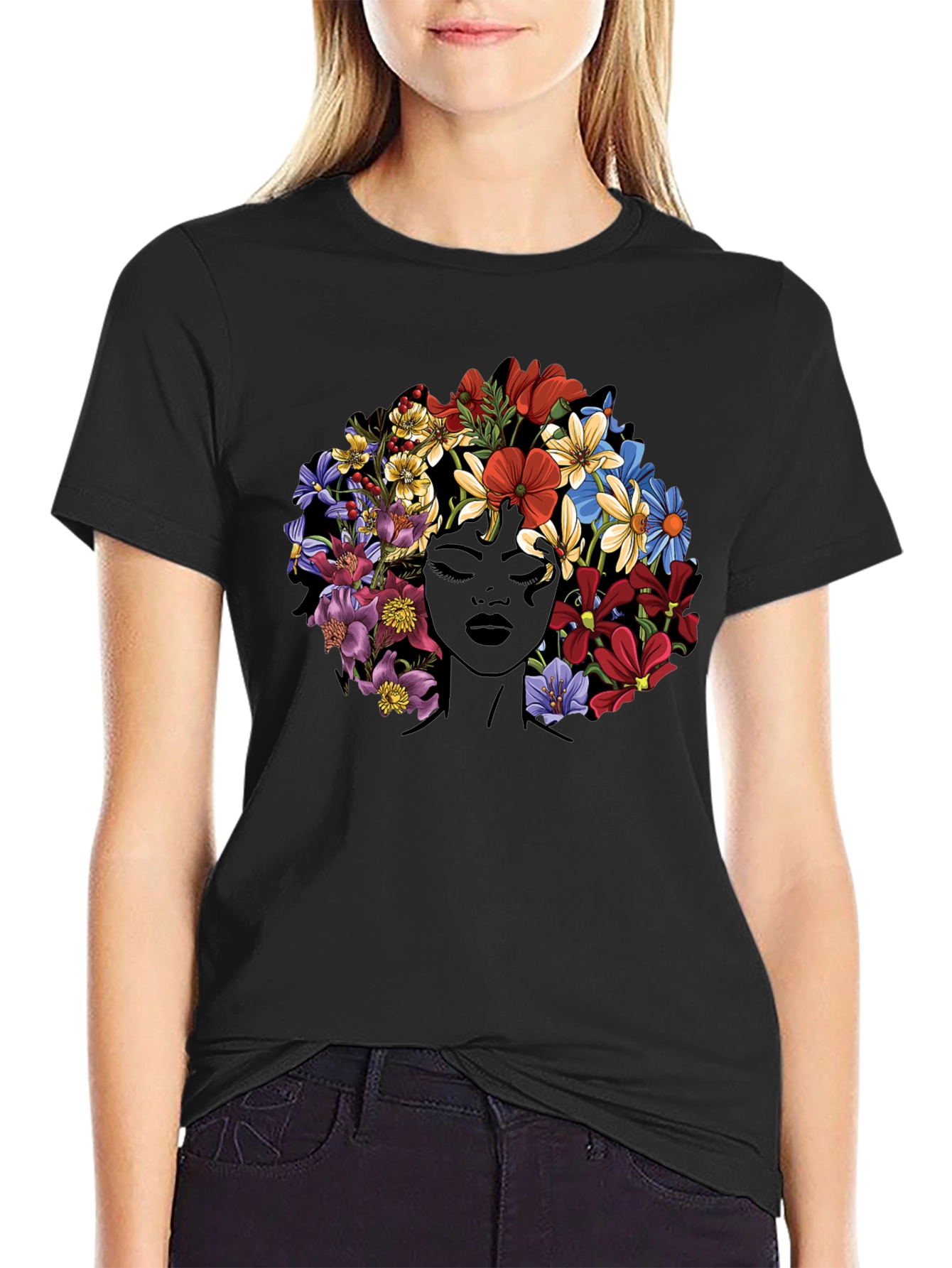 Floral Afro T-Shirt - Black Graphic Tee