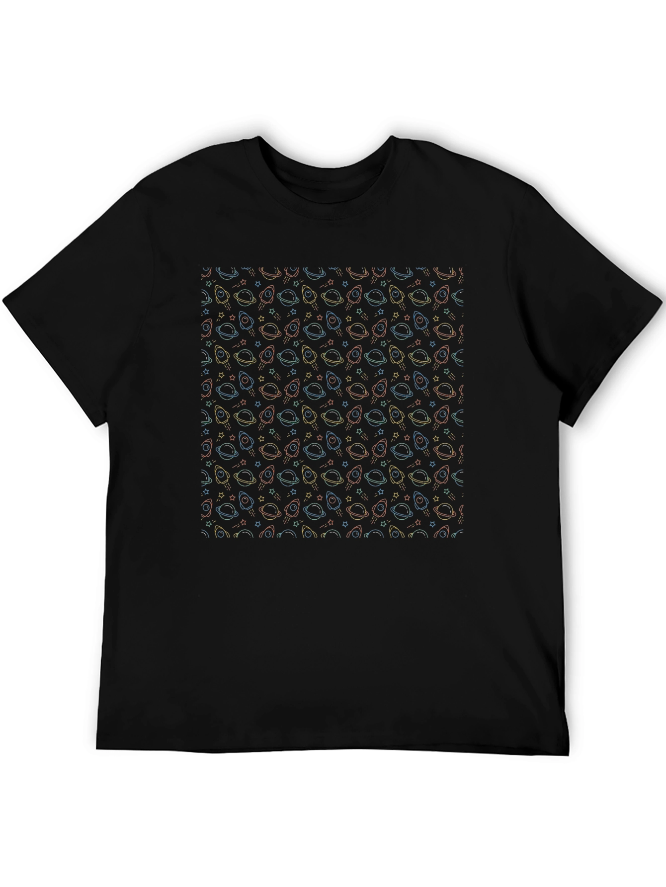 Cosmic Dreams T-Shirt - Space Pattern Black Tee