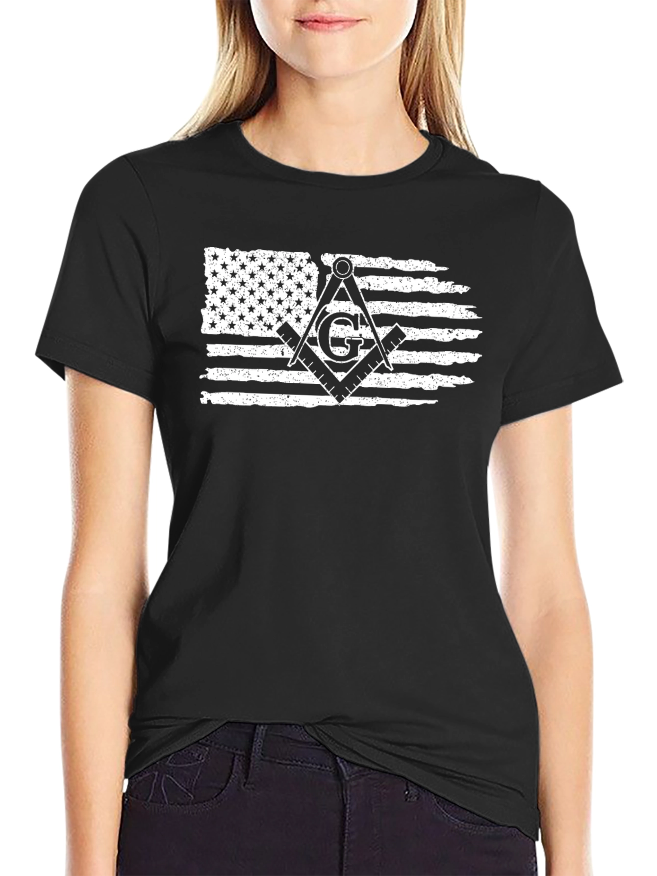 Patriotic Masonic T-Shirt - USA Flag & Square Compass