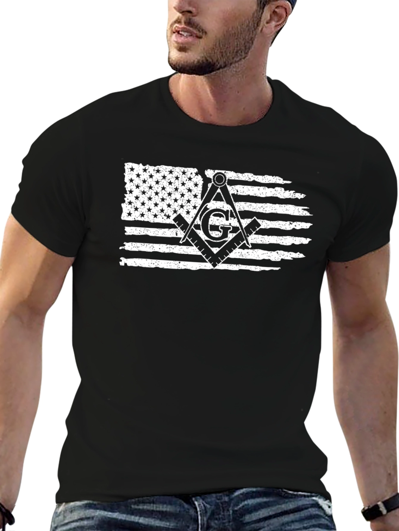 Patriotic Masonic T-Shirt - USA Flag & Square Compass