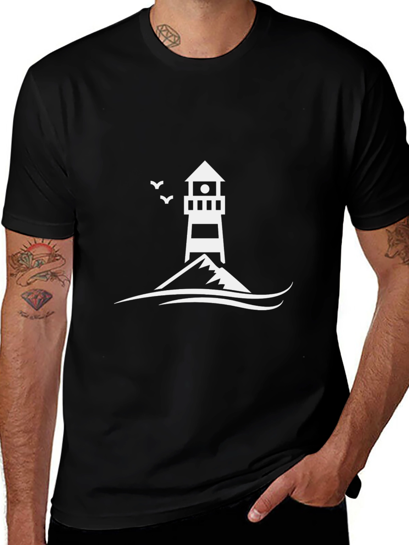 Lighthouse Graphic Tee - Black Cotton Casual Shirt