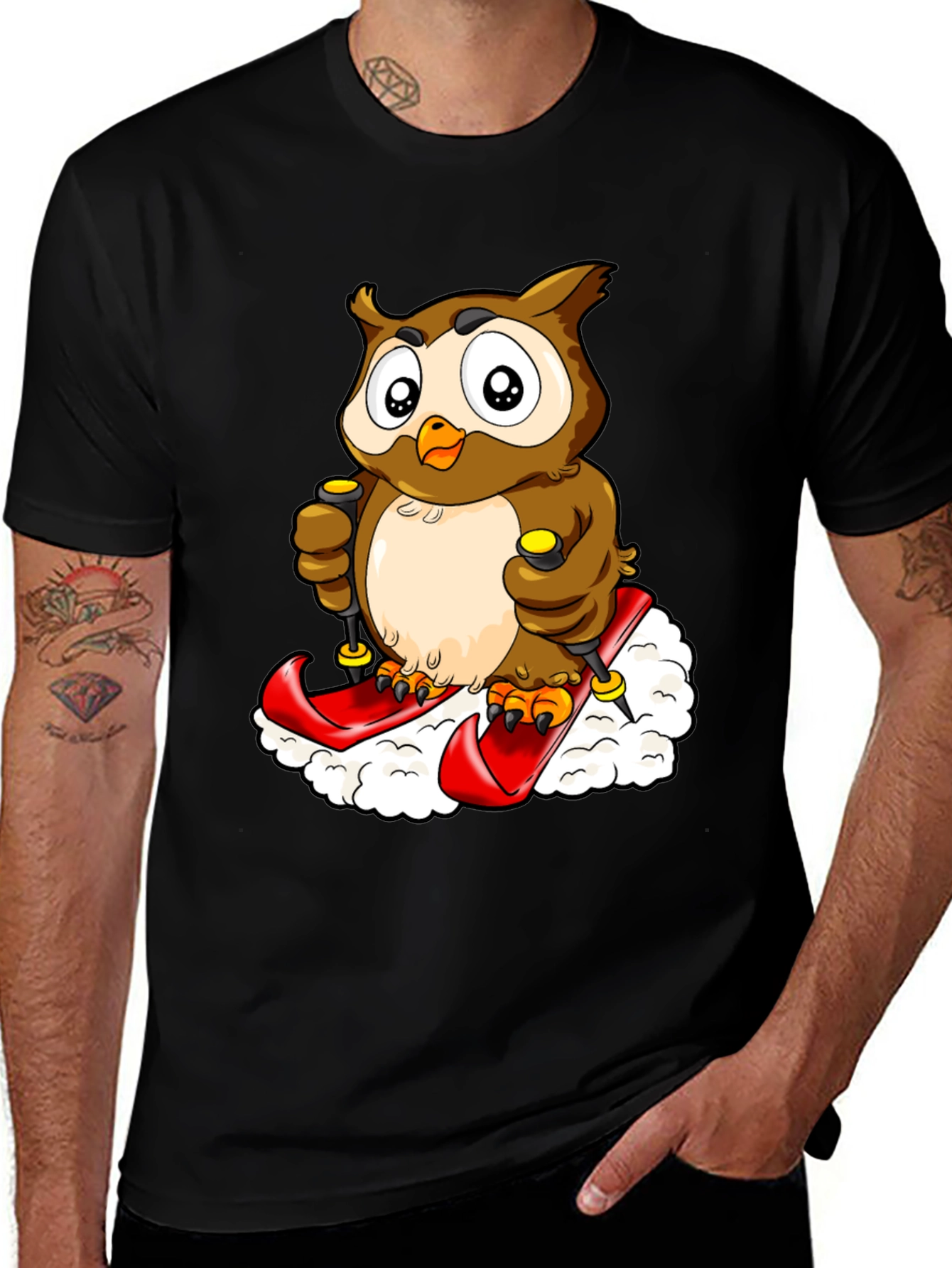 Owl Skiing Graphic Tee - Black