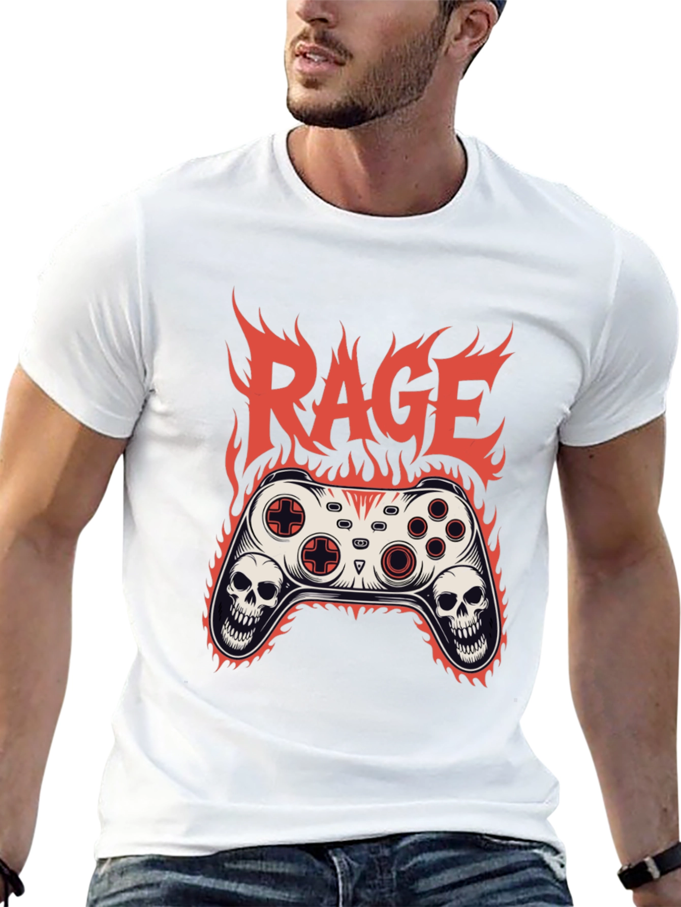 Rage Game Controller Skull Flames Graphic T-Shirt