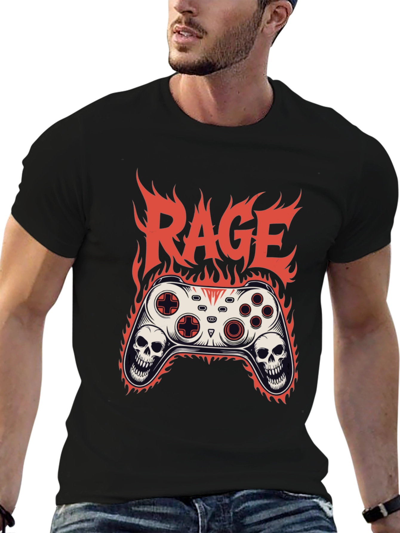 Rage Game Controller Skull Flames Graphic T-Shirt