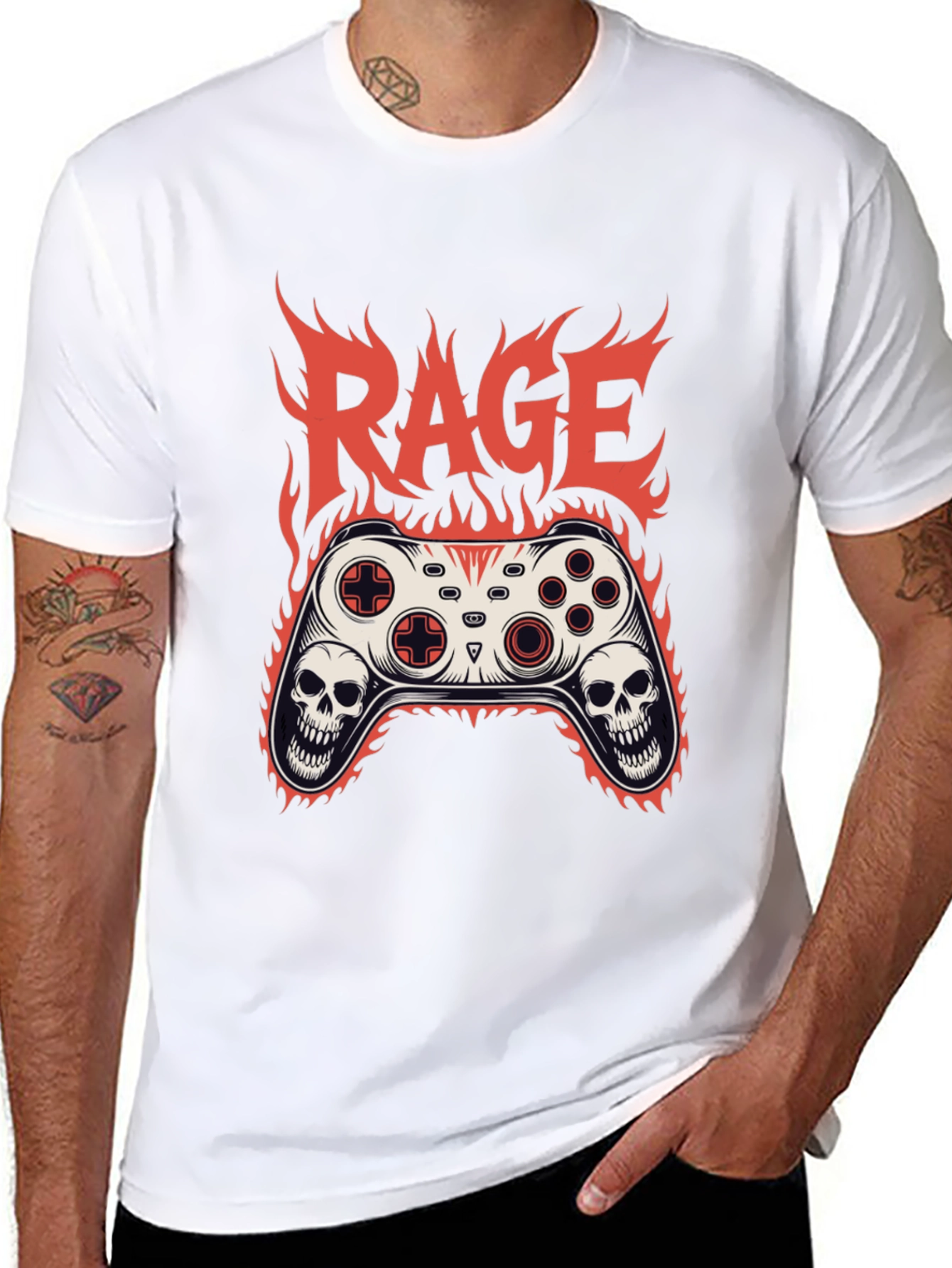 Rage Game Controller Skull Flames Graphic T-Shirt