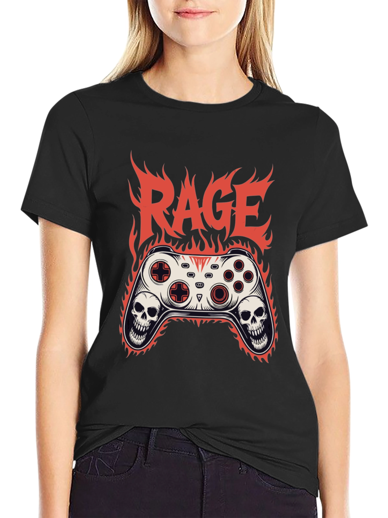 Rage Game Controller Skull Flames Graphic T-Shirt