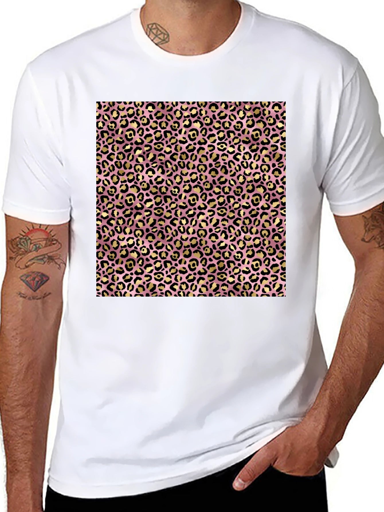 Pink & Gold Leopard Print Black T-Shirt
