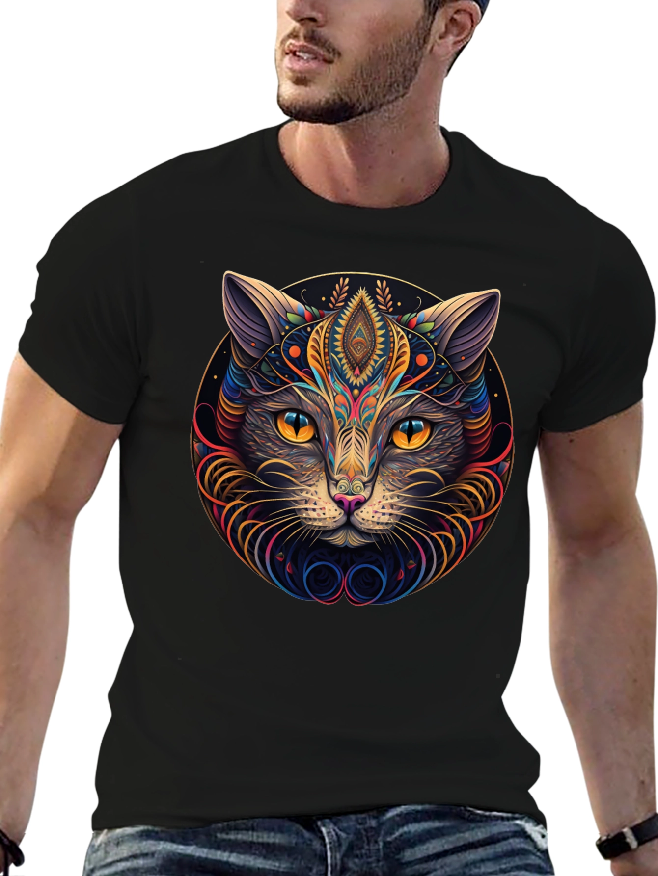 Psychedelic Cat Graphic Tee - Modern Style