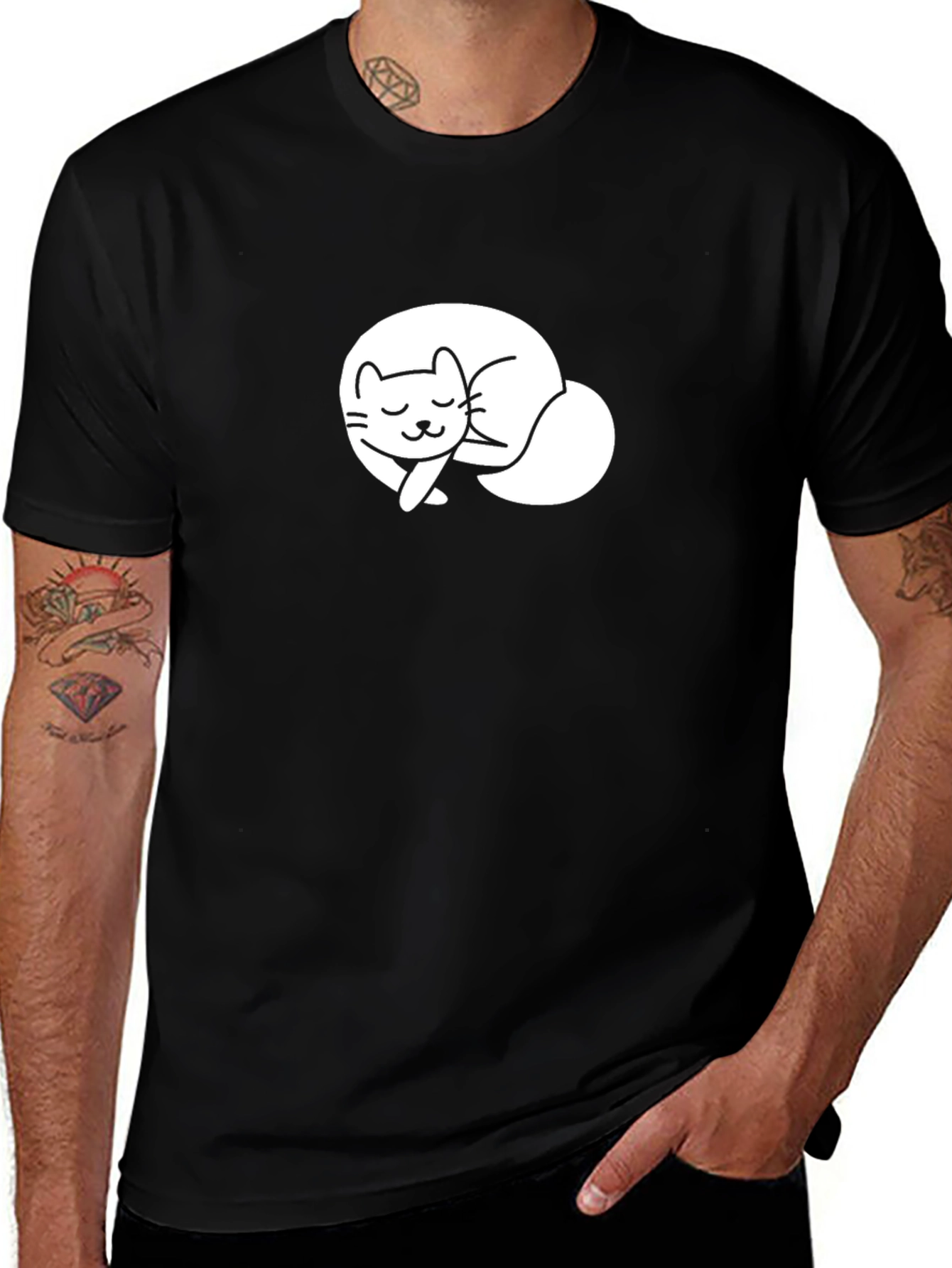 Cute Sleeping Cat Graphic Tee - Black T-Shirt