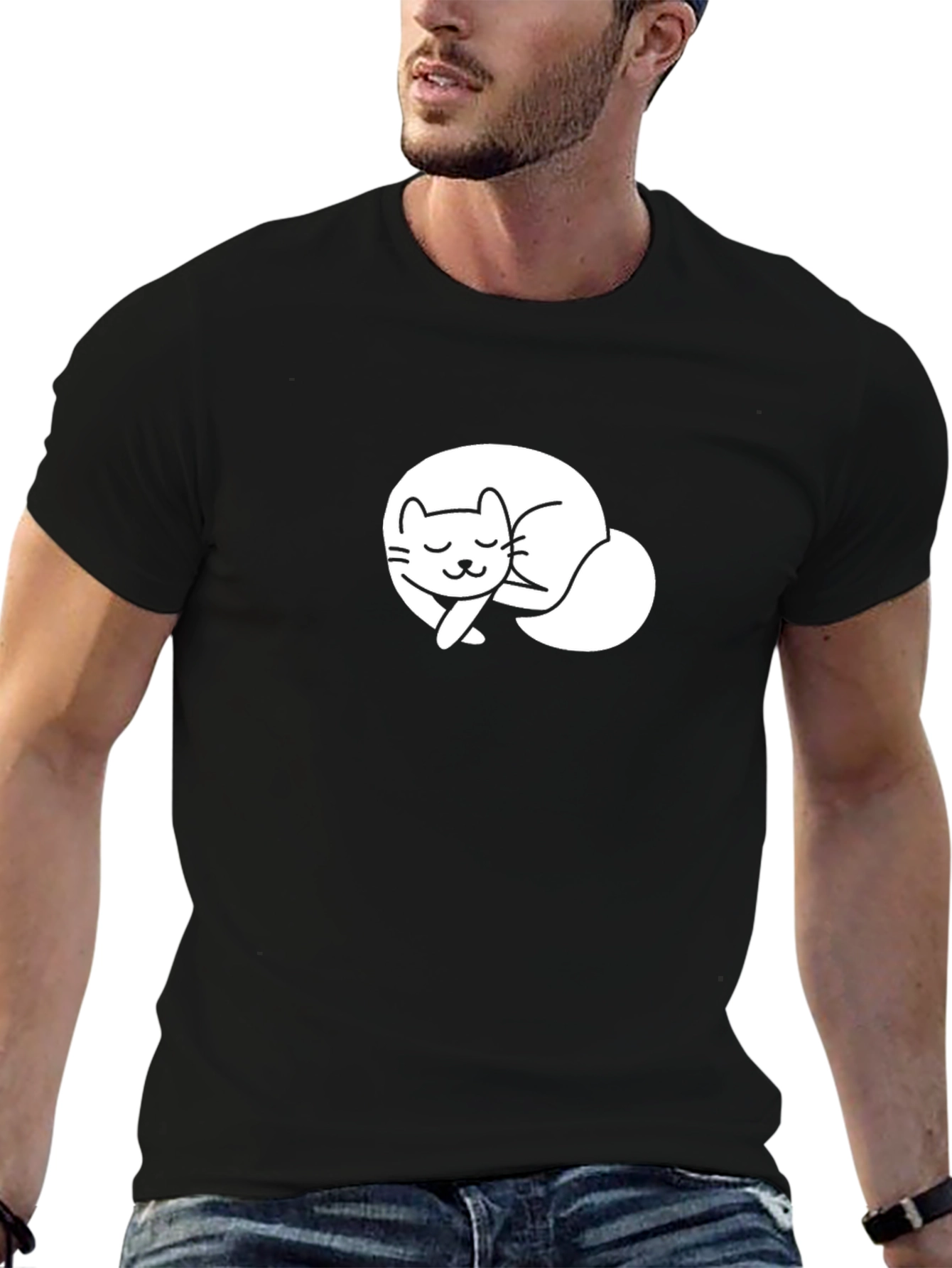 Cute Sleeping Cat Graphic Tee - Black T-Shirt