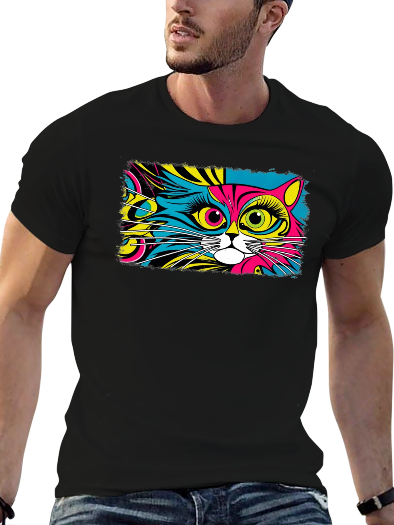 Psychedelic Cat Graphic Black T-Shirt