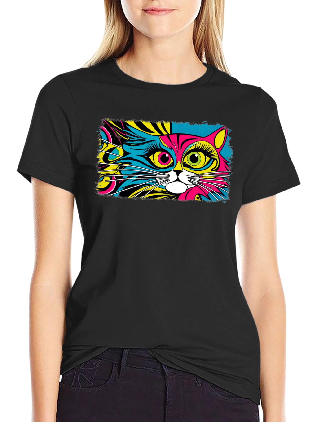 Psychedelic Cat Graphic Black T-Shirt