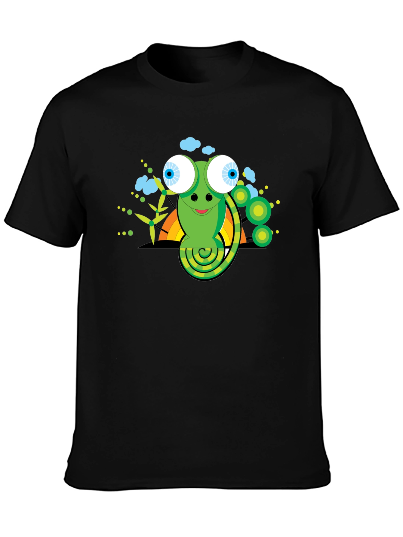 Cartoon Chameleon Graphic Tee - Black Cotton Shirt