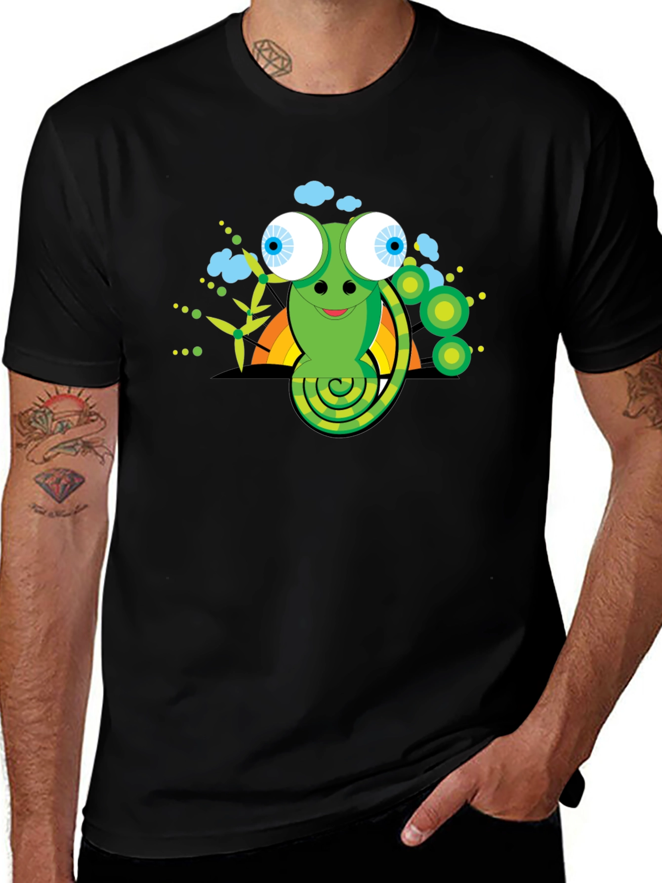 Cartoon Chameleon Graphic Tee - Black Cotton Shirt