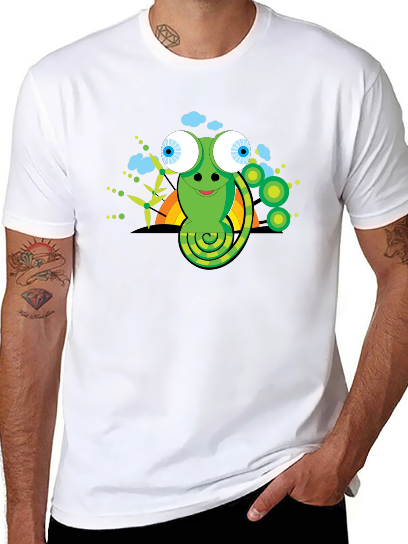 Cartoon Chameleon Graphic Tee - Black Cotton Shirt