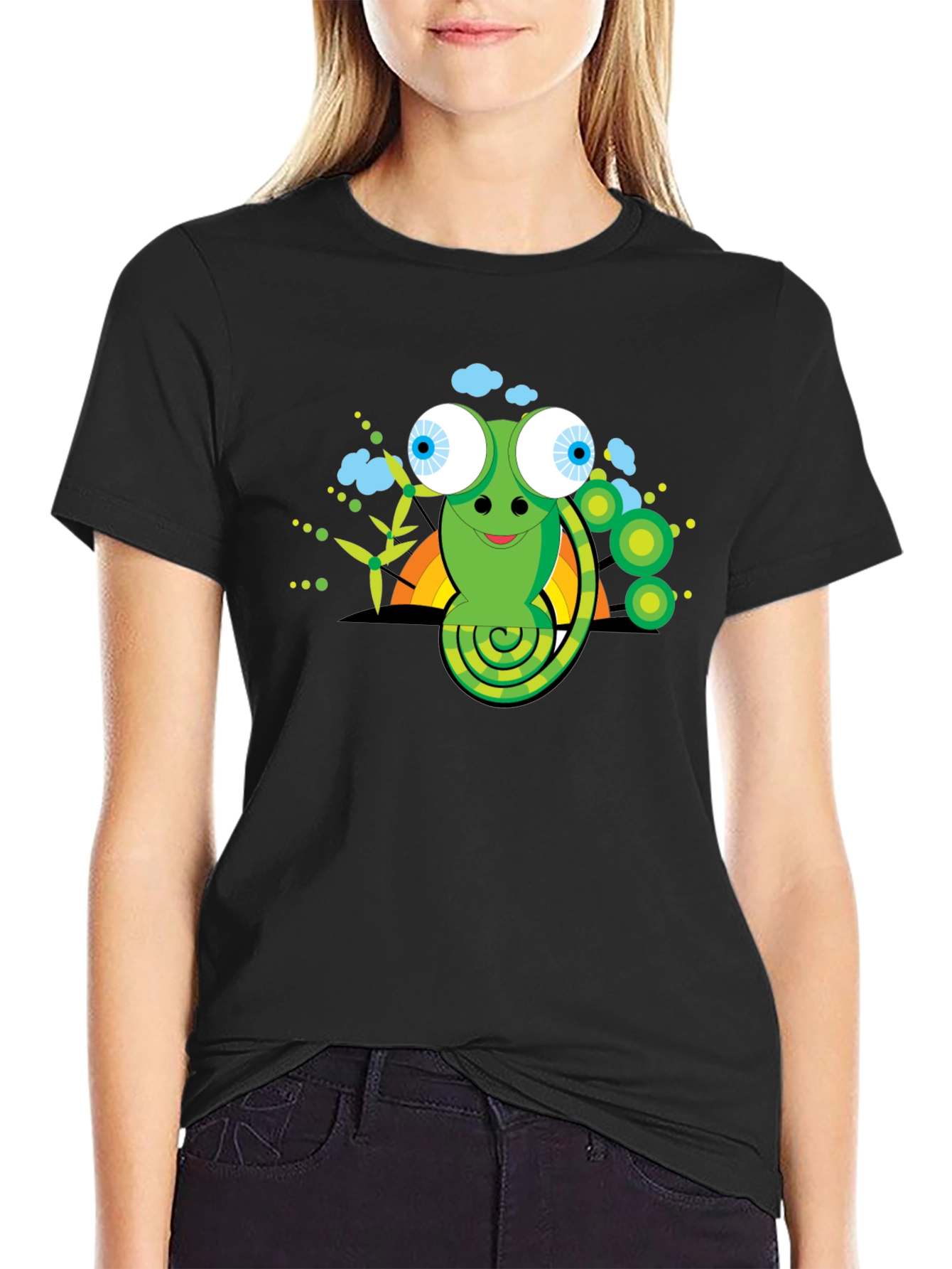 Cartoon Chameleon Graphic Tee - Black Cotton Shirt