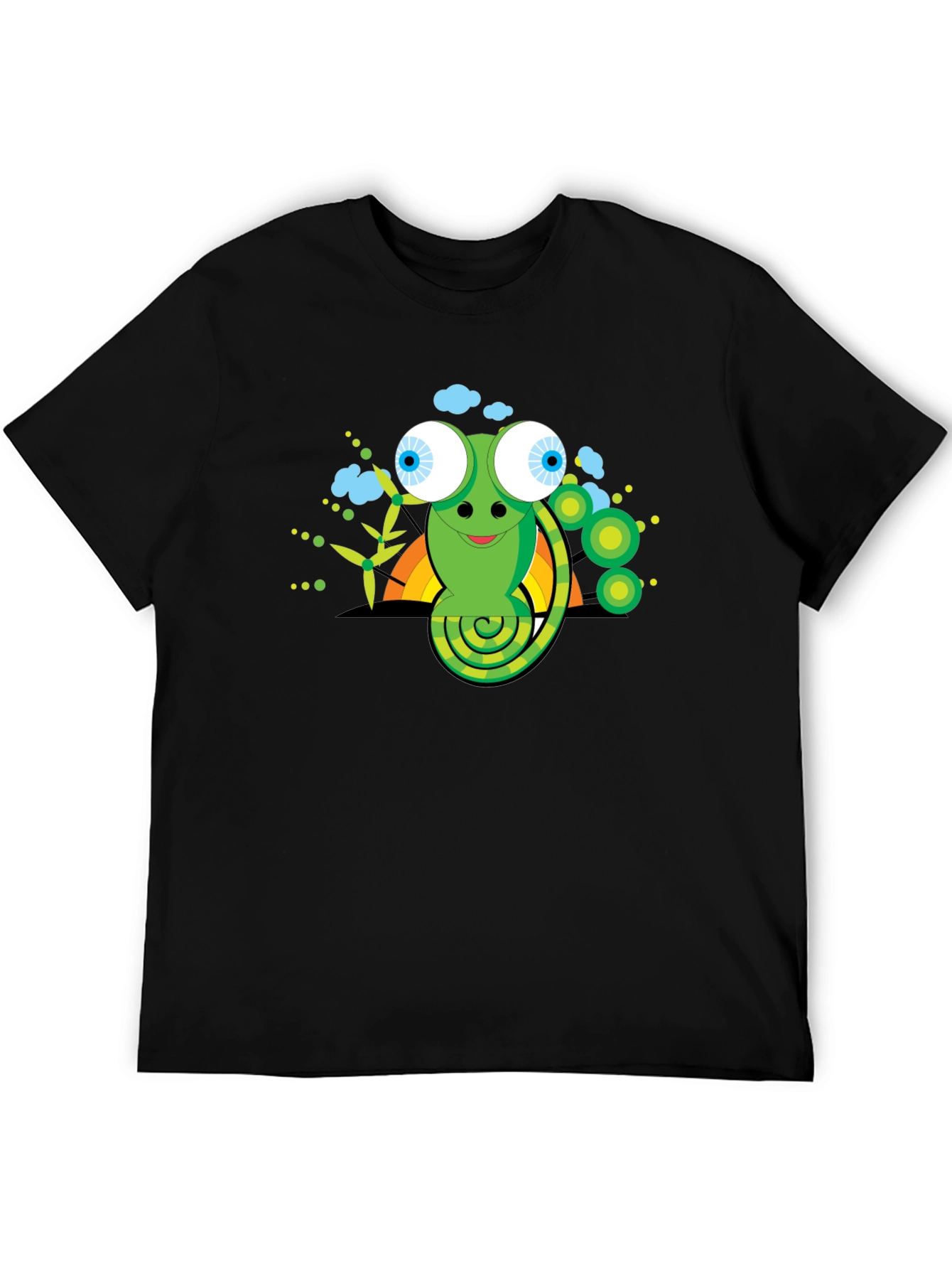 Cartoon Chameleon Graphic Tee - Black Cotton Shirt