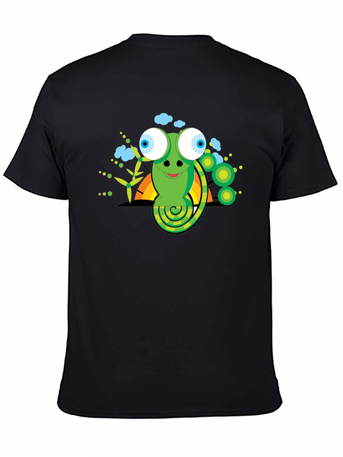 Cartoon Chameleon Graphic Tee - Black Cotton Shirt