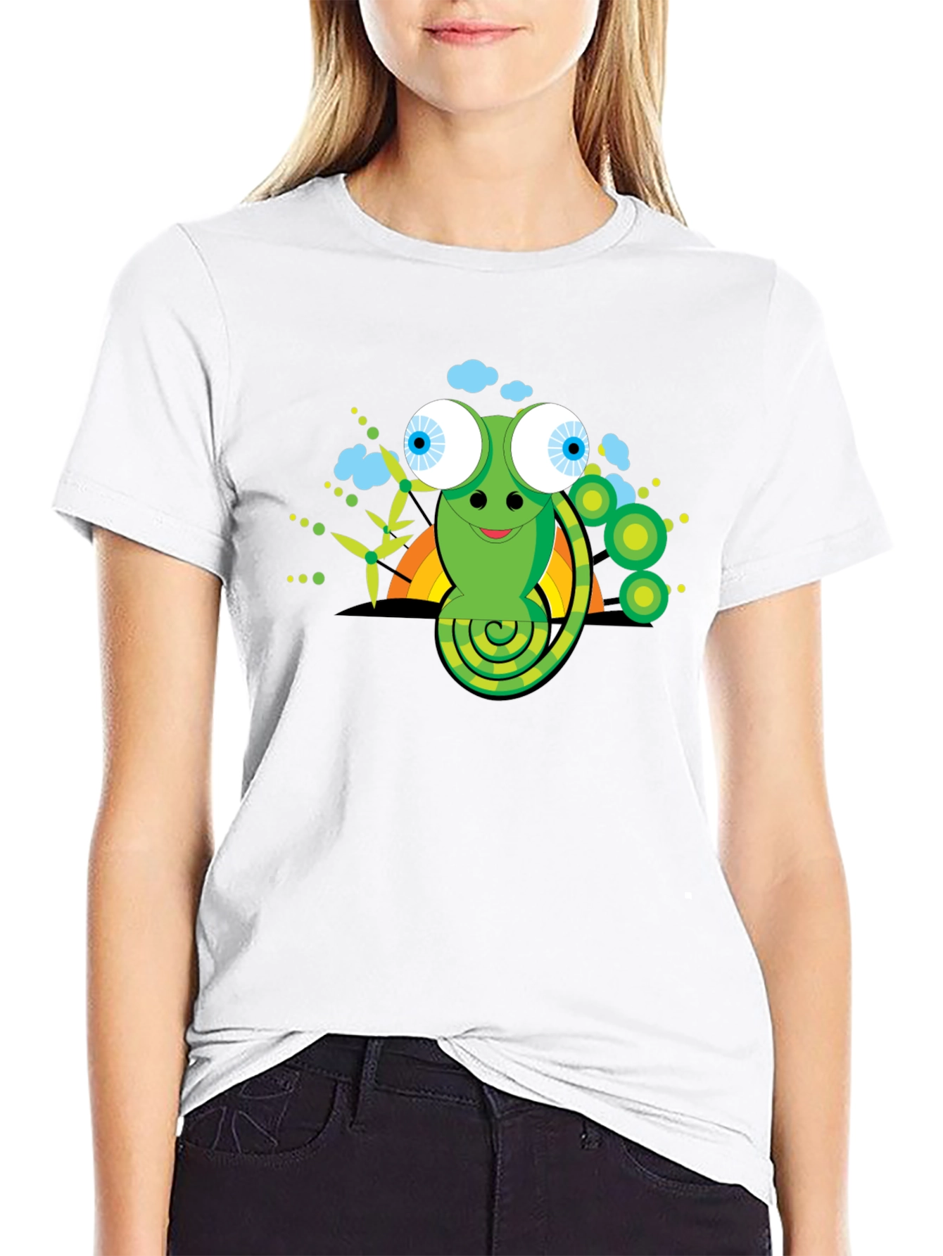 Cartoon Chameleon Graphic Tee - Black Cotton Shirt