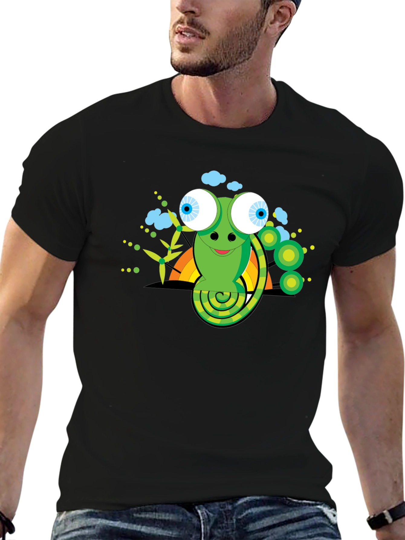 Cartoon Chameleon Graphic Tee - Black Cotton Shirt