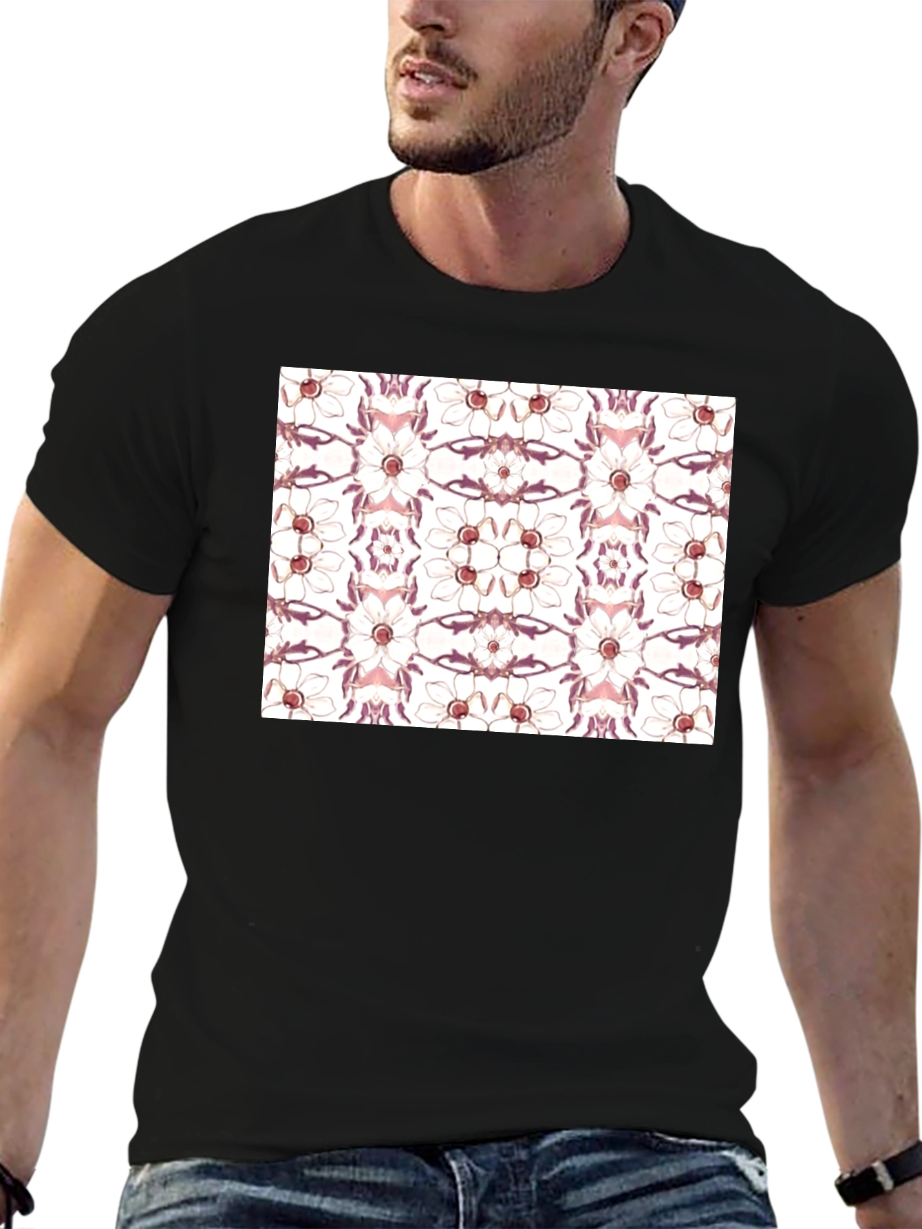 Floral Print Black Cotton Blend Graphic Tee