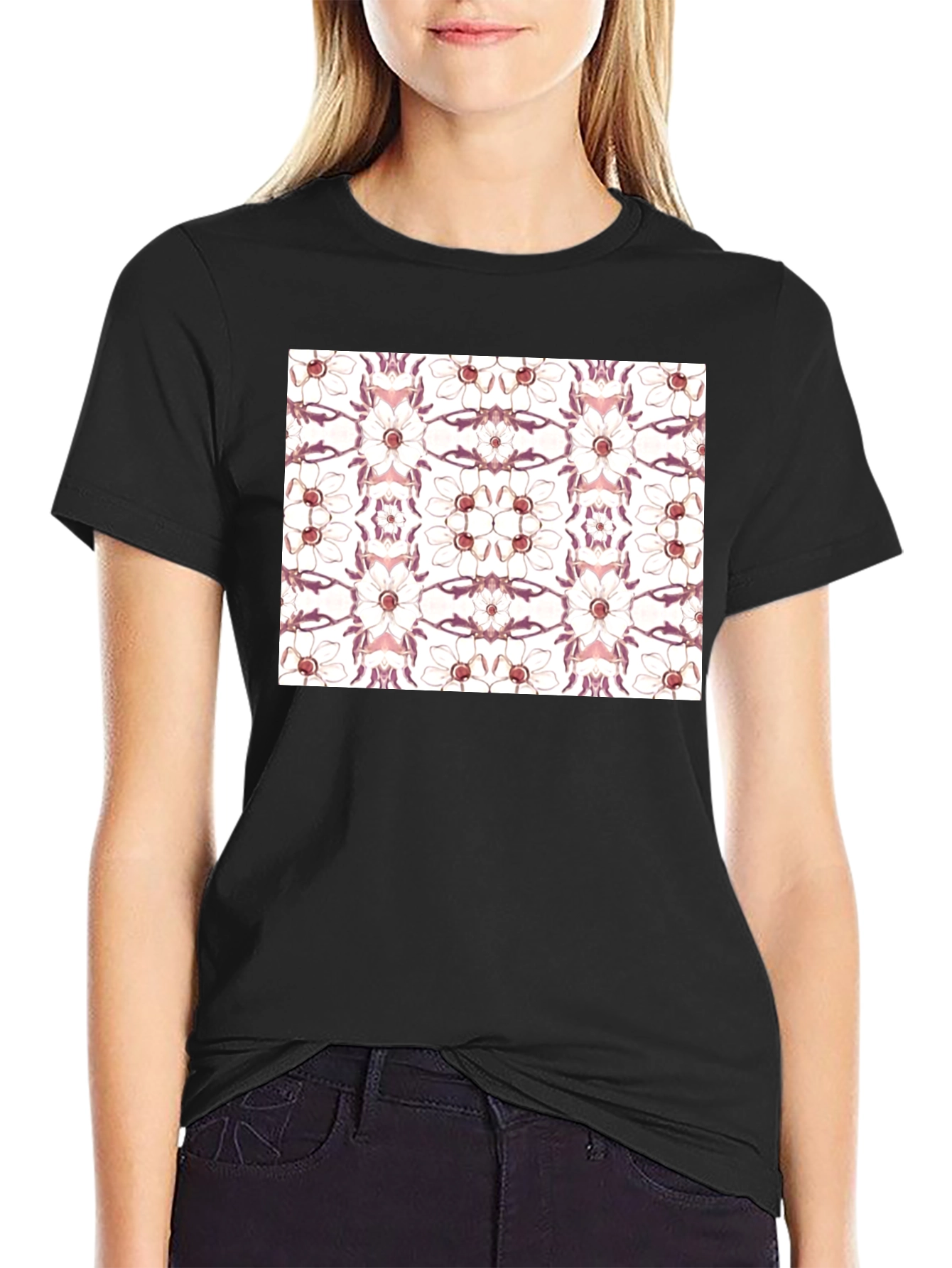Floral Print Black Cotton Blend Graphic Tee