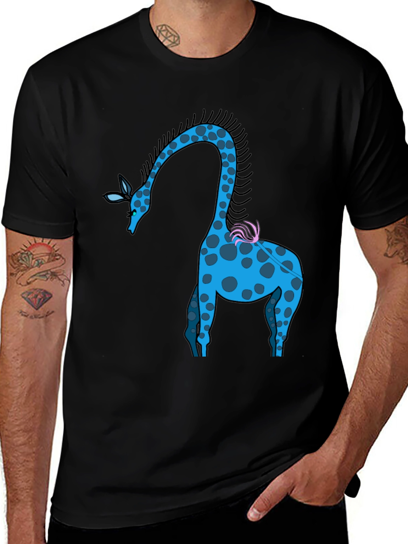 Whimsical Giraffe Graphic Tee - Black Cotton Blend