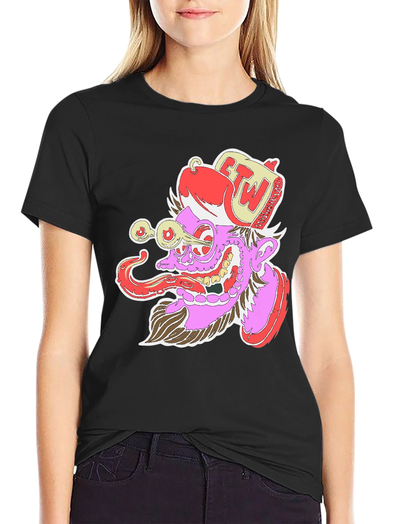 Grotesque Cartoon Graphic Print Black T-Shirt