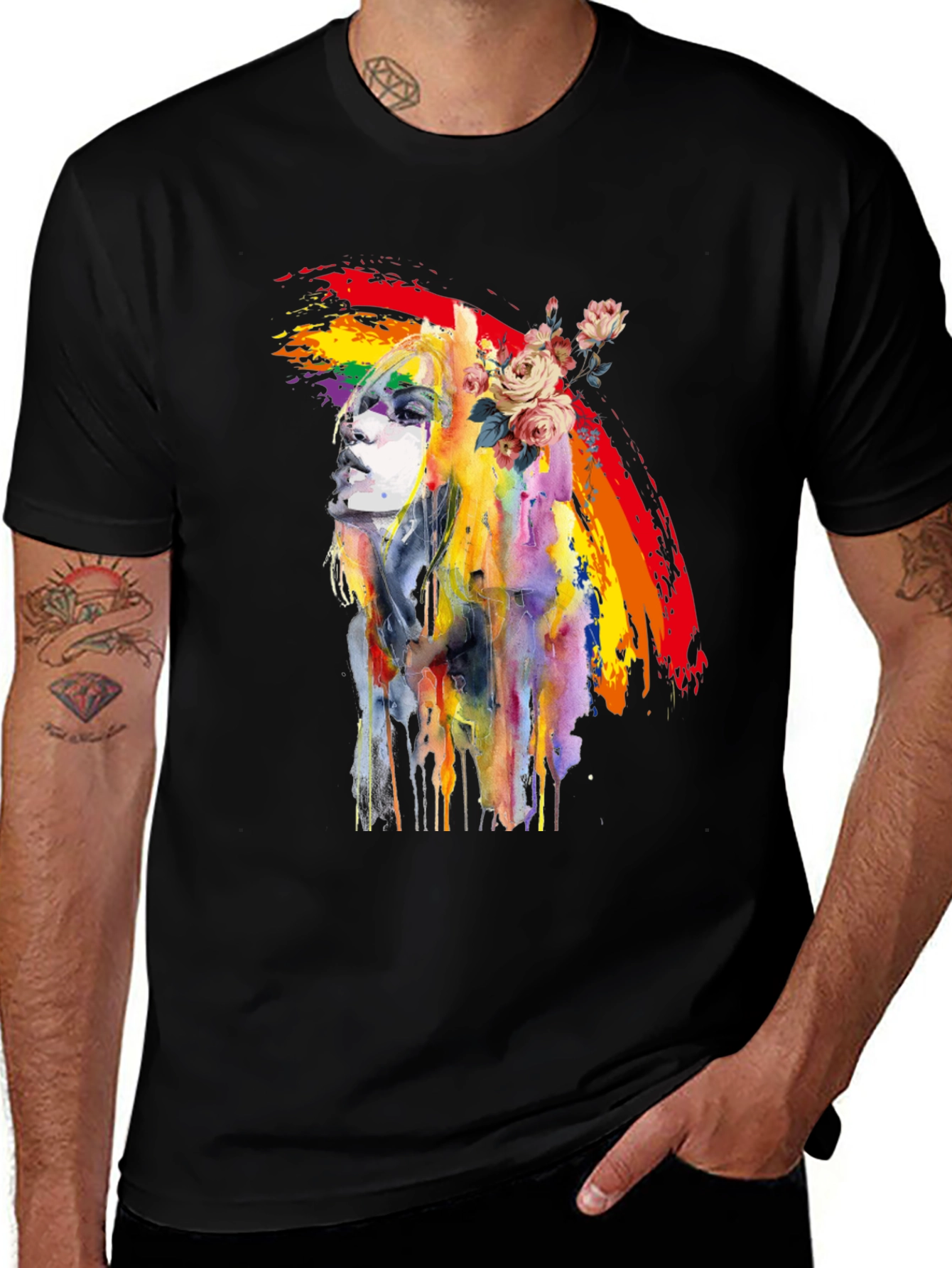 Rainbow Woman Graphic Tee - Artsy Black T-Shirt