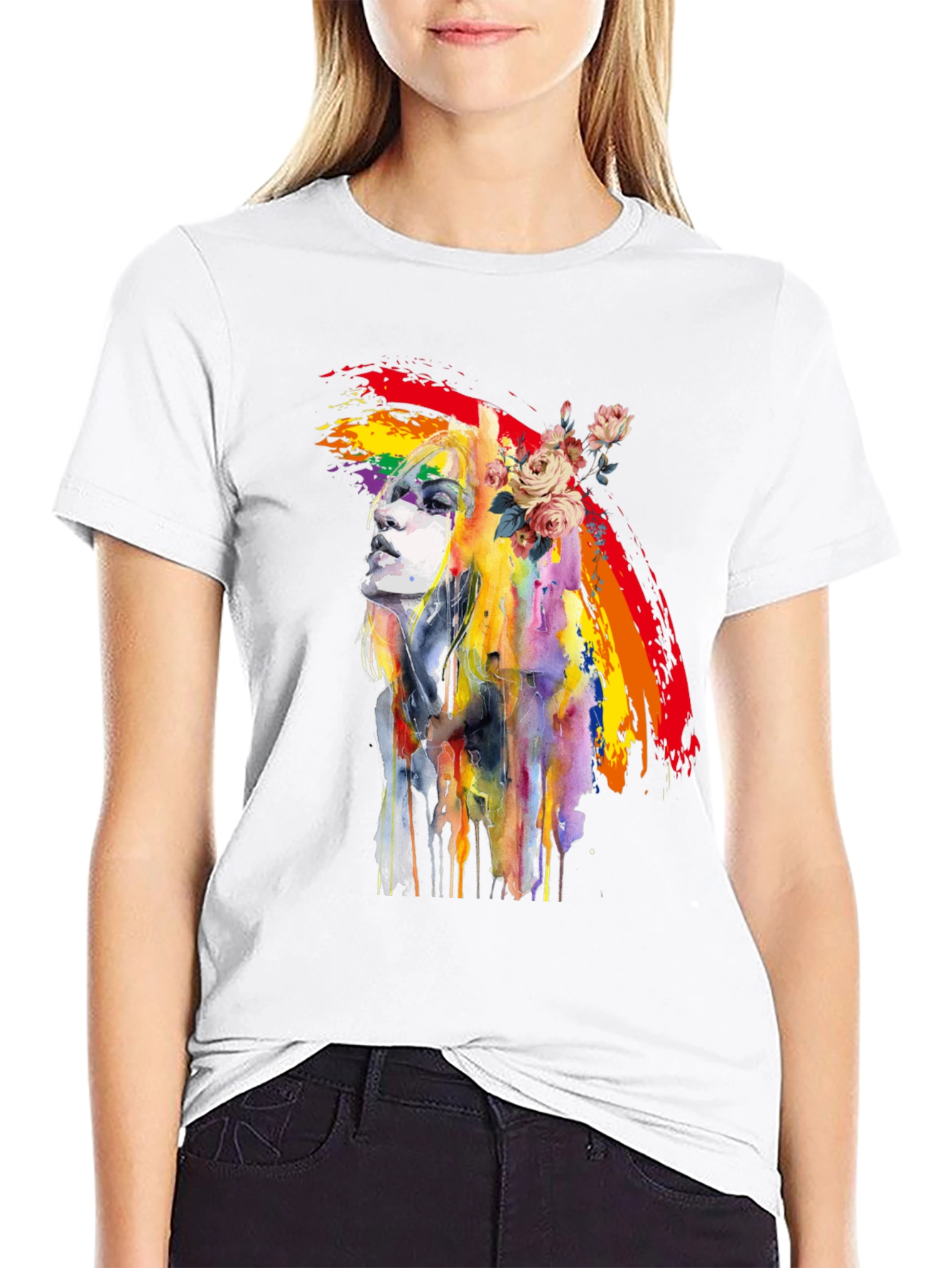 Rainbow Woman Graphic Tee - Artsy Black T-Shirt