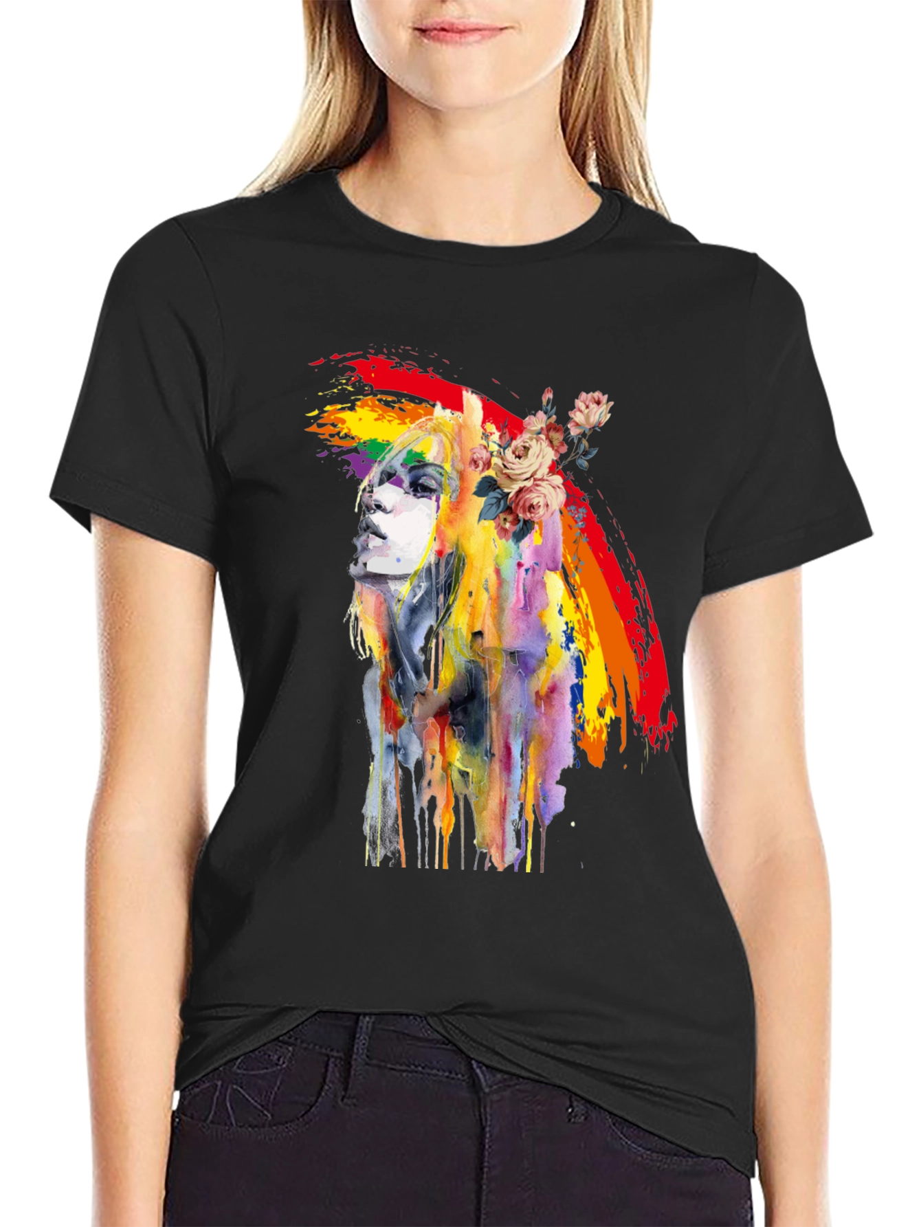 Rainbow Woman Graphic Tee - Artsy Black T-Shirt