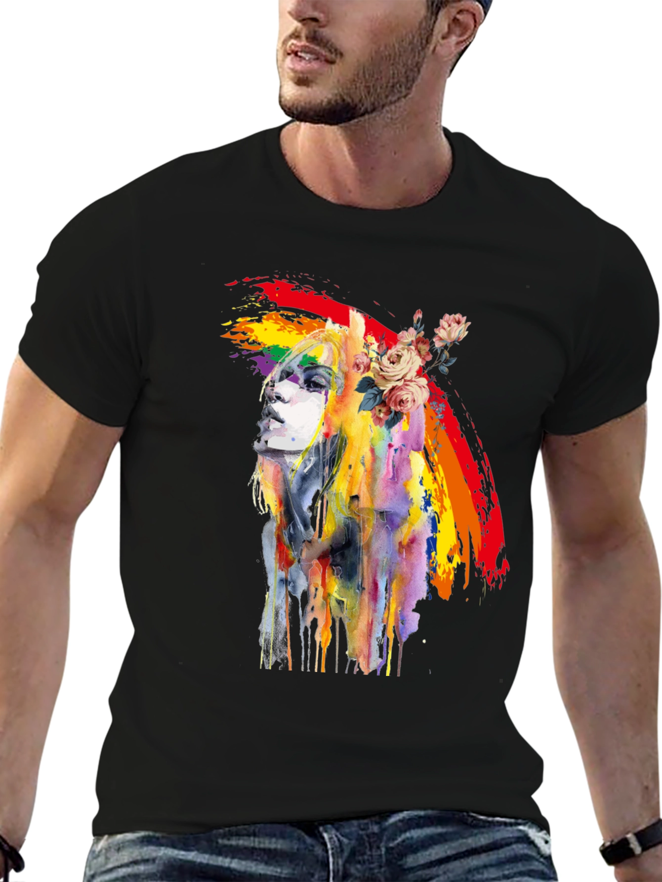 Rainbow Woman Graphic Tee - Artsy Black T-Shirt